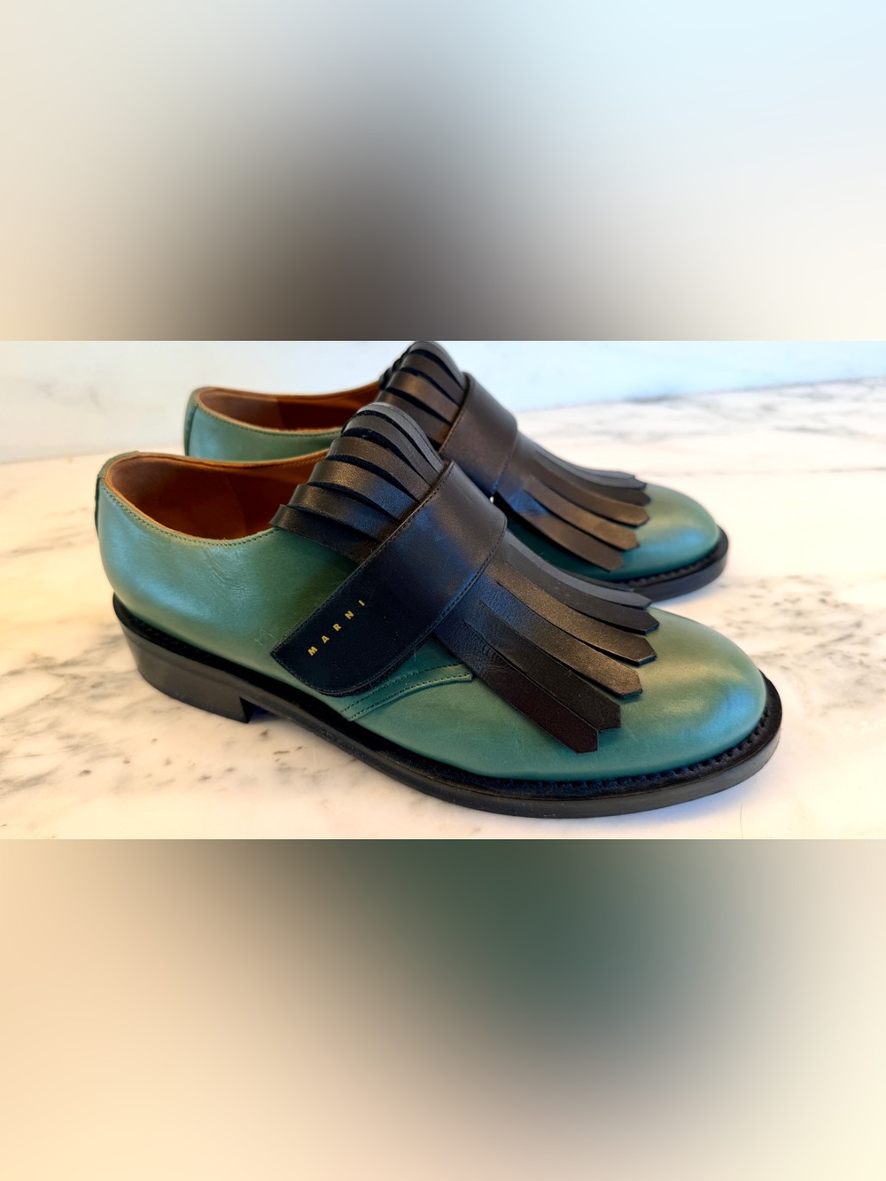 Marni Green Leather Loafers with Black Kiltie Fringe